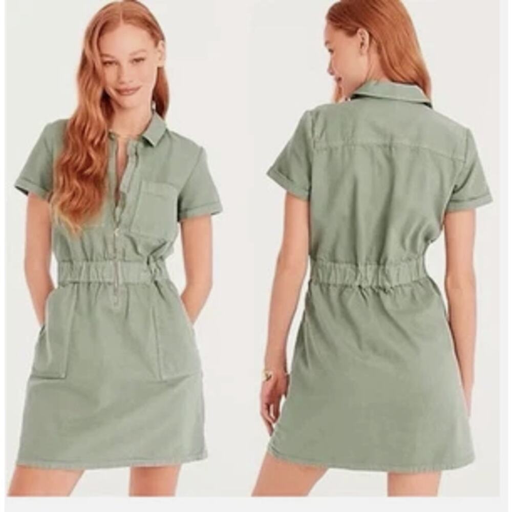 J. Crew Utility Dress Green Short Sleeve Zipper Waist Pockets Shirt Dress Size 0